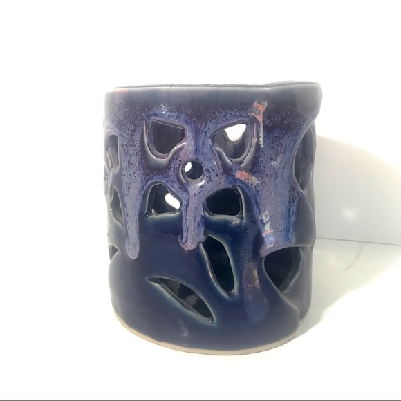 Bay Pottery Art Candle Holder Cut Out Floral Detail Purple. - Picture 4 of 15